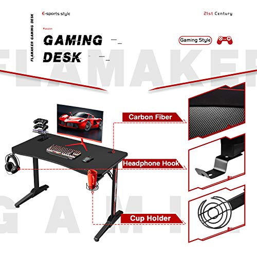 Flamaker Gaming Desk 44 Inch Gaming Table Computer Desk PC Gamer Table T Shape Game Station with Large Carbon Fiber Surface, Cup Holder & Headphone (Light Black)