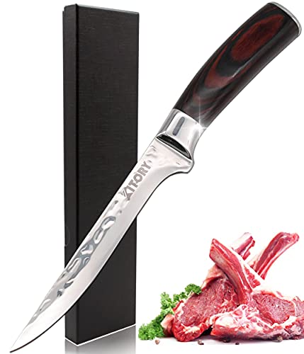 Kitory Boning Knife Forged Filleting Knife Razor sharp High-Carbon Stainless Steel Ergonomic Pakkawood Handle Professional Trimming Knife 7 INCH for Meat and Poultry