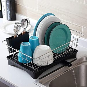 ANTOWIN Dish Drying Rack, Dish Drainer with Drip Tray, Anti-Rust Frame, Swivel Spout Large Storage Draining Board Design, Removable Cutlery Holder for Kitchen - Black with Dishwashing Brush