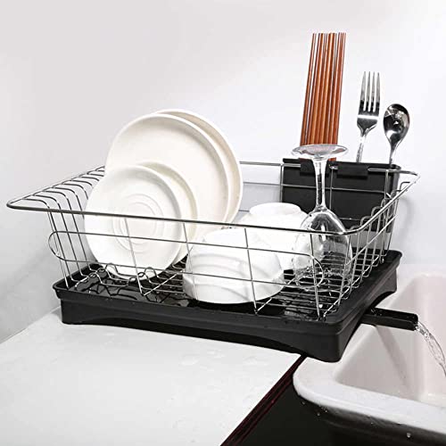 ANTOWIN Dish Drying Rack, Dish Drainer with Drip Tray, Anti-Rust Frame, Swivel Spout Large Storage Draining Board Design, Removable Cutlery Holder for Kitchen - Black with Dishwashing Brush