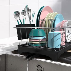 ANTOWIN Dish Drying Rack, Dish Drainer with Drip Tray, Anti-Rust Frame, Swivel Spout Large Storage Draining Board Design, Removable Cutlery Holder for Kitchen - Black with Dishwashing Brush