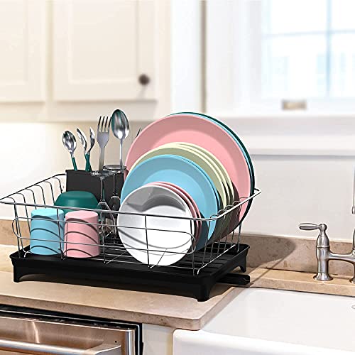 ANTOWIN Dish Drying Rack, Dish Drainer with Drip Tray, Anti-Rust Frame, Swivel Spout Large Storage Draining Board Design, Removable Cutlery Holder for Kitchen - Black with Dishwashing Brush