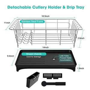 ANTOWIN Dish Drying Rack, Dish Drainer with Drip Tray, Anti-Rust Frame, Swivel Spout Large Storage Draining Board Design, Removable Cutlery Holder for Kitchen - Black with Dishwashing Brush