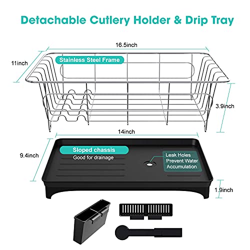 ANTOWIN Dish Drying Rack, Dish Drainer with Drip Tray, Anti-Rust Frame, Swivel Spout Large Storage Draining Board Design, Removable Cutlery Holder for Kitchen - Black with Dishwashing Brush