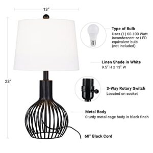 Catalina 23108-001 Farmhouse Metal Cage Base Table Lamp with White Linen Shade, 23", Black