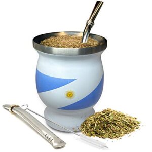 yerba mate natural gourd/tea cup set argentinian flag/argentina (original traditional mate cup - 8 ounces), includes 2 bombillas (yerba mate straws) & cleaning brush, stainless steel, double-walled