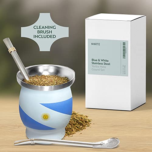 Yerba Mate Natural Gourd/Tea Cup Set Argentinian Flag/Argentina (Original Traditional Mate Cup - 8 Ounces), Includes 2 Bombillas (Yerba Mate Straws) & Cleaning Brush, Stainless Steel, Double-Walled