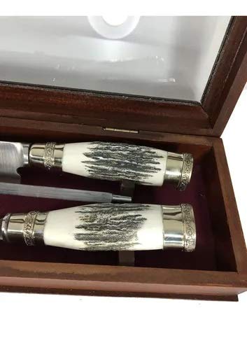 Carving set with deer handle and double nickel silver and steel ferrule in a wooden box with a glass lid