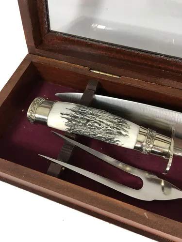 Carving set with deer handle and double nickel silver and steel ferrule in a wooden box with a glass lid