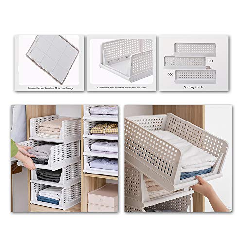 Ygapuzi 4Pack Stackable Clothes Storage Basket Organizer Sliding Cabinet Drawer Shelf DIY Divider Separator Desktop Container for Wardrobe Cupboard Kitchen Bathroom Office (White)