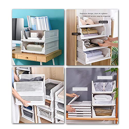 Ygapuzi 4Pack Stackable Clothes Storage Basket Organizer Sliding Cabinet Drawer Shelf DIY Divider Separator Desktop Container for Wardrobe Cupboard Kitchen Bathroom Office (White)