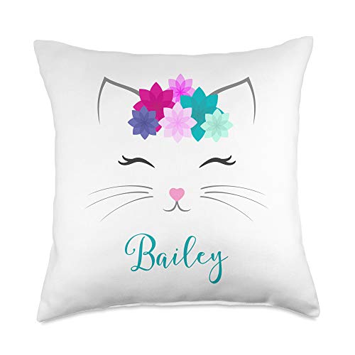 Kitty Cat Bailey Name Gifts Bailey Name Gift Girls Personalized Kitty Cat Bedroom Decor Throw Pillow, 18x18, Multicolor