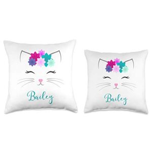 Kitty Cat Bailey Name Gifts Bailey Name Gift Girls Personalized Kitty Cat Bedroom Decor Throw Pillow, 18x18, Multicolor