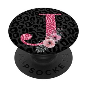letter j initial flower pink and black leopard print popsockets swappable popgrip