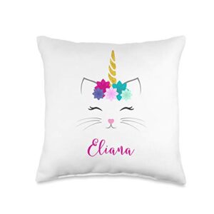 cat unicorn eliana name gifts eliana name gift girls cat unicorn bedroom decor throw pillow, 16x16, multicolor