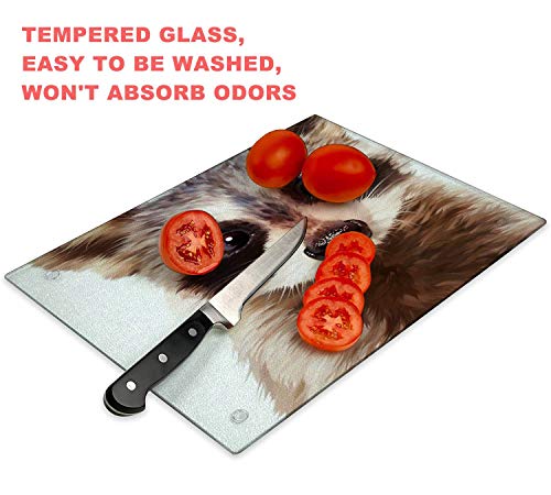 Tempered Glass Cutting Board Raccoon Tableware Kitchen Decorative Cutting Board with Non-slip Legs, Serving Board, Large Size, 15" x 11"