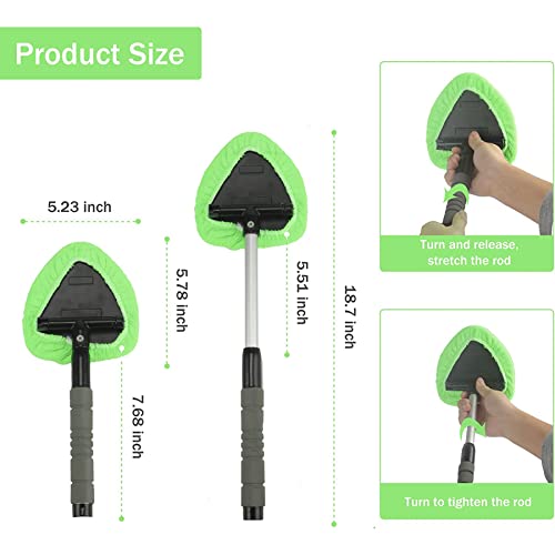 JUSTTOP Windshield Cleaning Tool, Car Window Cleaner with Unbreakable Extendable Long-Reach Handle and Washable Reusable Microfiber Cloth, Car Exterior Accessories, Green