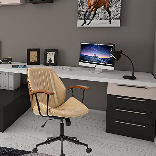 glitzhome Adjustable Mid-Back Home Office Chair, Thick PU Leather Padding for Comfort Ergonomic Design and Lumbar Support, Executive Swivel Desk/Task Chair with Arm,Cream