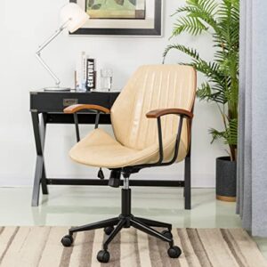 glitzhome Adjustable Mid-Back Home Office Chair, Thick PU Leather Padding for Comfort Ergonomic Design and Lumbar Support, Executive Swivel Desk/Task Chair with Arm,Cream