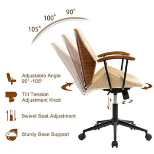 glitzhome Adjustable Mid-Back Home Office Chair, Thick PU Leather Padding for Comfort Ergonomic Design and Lumbar Support, Executive Swivel Desk/Task Chair with Arm,Cream