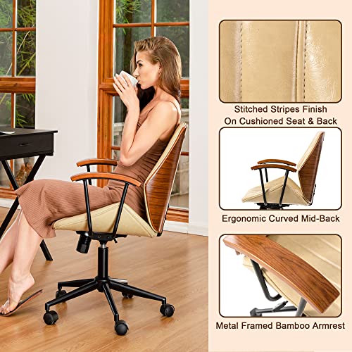 glitzhome Adjustable Mid-Back Home Office Chair, Thick PU Leather Padding for Comfort Ergonomic Design and Lumbar Support, Executive Swivel Desk/Task Chair with Arm,Cream