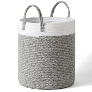 LA JOLIE MUSE Woven Rope Basket Hamper, Tall Cotton Laundry Basket 16 x 14 x 14 Inches, Clothes Blanket Storage Baskets for Living Room Nursery Bedroom Bathroom, White & Gray