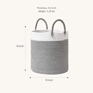 LA JOLIE MUSE Woven Rope Basket Hamper, Tall Cotton Laundry Basket 16 x 14 x 14 Inches, Clothes Blanket Storage Baskets for Living Room Nursery Bedroom Bathroom, White & Gray