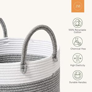 LA JOLIE MUSE Woven Rope Basket Hamper, Tall Cotton Laundry Basket 16 x 14 x 14 Inches, Clothes Blanket Storage Baskets for Living Room Nursery Bedroom Bathroom, White & Gray