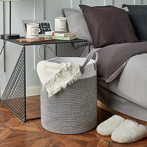 LA JOLIE MUSE Woven Rope Basket Hamper, Tall Cotton Laundry Basket 16 x 14 x 14 Inches, Clothes Blanket Storage Baskets for Living Room Nursery Bedroom Bathroom, White & Gray