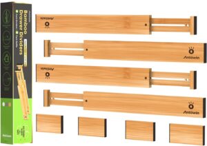 antowin bamboo drawer dividers organizers, drawer separators splitter,17-22 inches long adjustable spring-loaded organizer for large utensil, clothes, tools drawers (4+4)