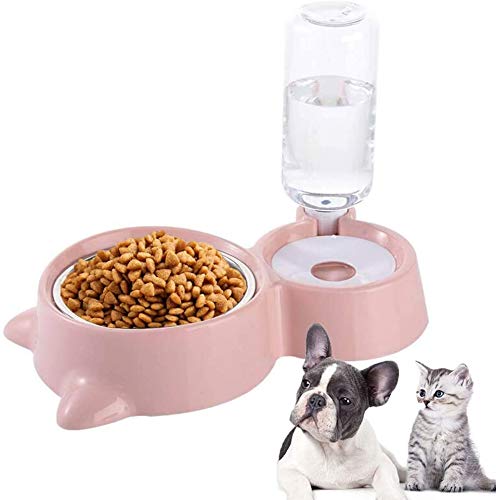 Ycxbox Dog Cat Double Bowls Automatic Pet Food Feeder and Water Dispenser, with Automatic Water Bottle for Small Large Dog Pets Puppy Kitten Rabbit (Pink)