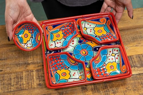 Enchanted Talavera Mexican Pottery Ceramic Large Appetizer Tray Serving Dishes Platter Dish Food Plate Condiments Organizer (Square 6 Piece Set, Red)