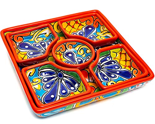 Enchanted Talavera Mexican Pottery Ceramic Large Appetizer Tray Serving Dishes Platter Dish Food Plate Condiments Organizer (Square 6 Piece Set, Red)