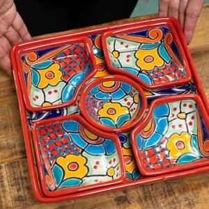 Enchanted Talavera Mexican Pottery Ceramic Large Appetizer Tray Serving Dishes Platter Dish Food Plate Condiments Organizer (Square 6 Piece Set, Red)