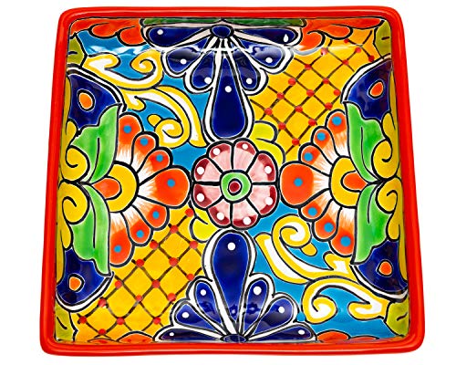 Enchanted Talavera Mexican Pottery Ceramic Large Appetizer Tray Serving Dishes Platter Dish Food Plate Condiments Organizer (Square 6 Piece Set, Red)