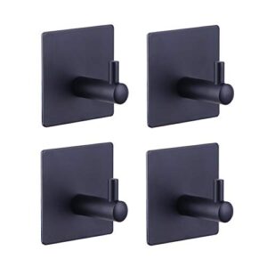 kimzcn matte black adhesive hooks heavy duty wall hooks waterproof stainless steel hooks, towel robe hook rack wall mount - bathroom and bedroom 4-packs
