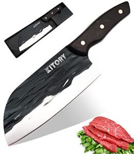 kitory forged cleaver, chopping knife, vegetable and meat chopper, kitchen serbian chef's knife, full tang high carbon steel blade wooden handle