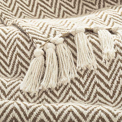 Americanflat 100% Cotton Throw Blanket for Couch - 50x60 - All Seasons Neutral Lightweight Cozy Soft Throws for Bed, Sofa or Chair.door or Outdoor [Khaki and Beige Herringbone]