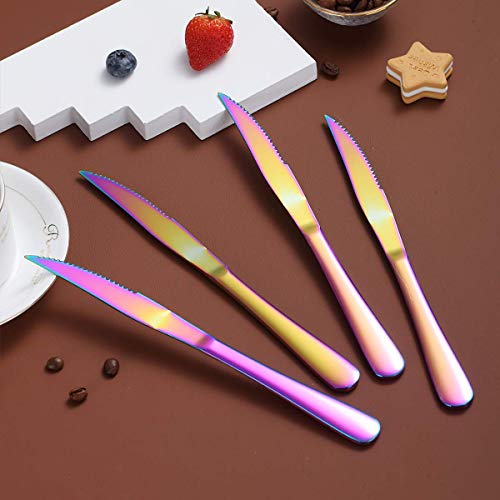 Rainbow Steak Knife Set, Kyrtaon Colorful Serrated Knife, Titanium Mutil-color Plating Stainless Steel Sharp Knives Set, Dinner Knifes Set of 4, Dishwasher Safe Sturdy And Easy To Clean