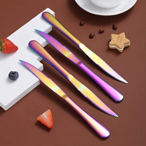 Rainbow Steak Knife Set, Kyrtaon Colorful Serrated Knife, Titanium Mutil-color Plating Stainless Steel Sharp Knives Set, Dinner Knifes Set of 4, Dishwasher Safe Sturdy And Easy To Clean