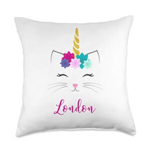 cat unicorn london name gifts london name gift girls cat unicorn bedroom decor throw pillow, 18x18, multicolor