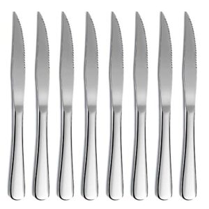 steak knife set, kyrtaon serrated knife, stainless steel sharp knives set, dinner knifes set of 8, dishwasher safe sturdy and easy to clean