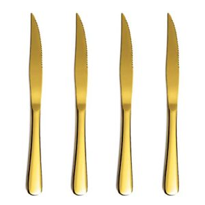 gold steak knife set, kyrtaon golden serrated knife, titanium gold plating stainless steel sharp knives set, dinner knifes set of 4, dishwasher safe sturdy and easy to clean