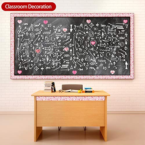 33ft Valentine Heart Bulletin Board Borders Valentine's Day Borders with 24 Pieces Hearts Mini Cutouts and 24 Glue Point Dots, 6 Patterns for Classroom Decoration Valentine's Day