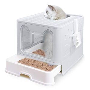 petphabet cat litter box, square foldable jumbo hooded cat litter box with plastic scoop (grey)