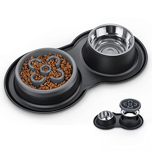 BurgeonNest Slow Feeder Dog Bowls,27oz 4-in-1 Food and Water Bowls with No-Spill and Non-Skid Silicone Mat, Stainless Steel Slow Down Eating Puzzle Bowl for Medium Small Sized Dogs