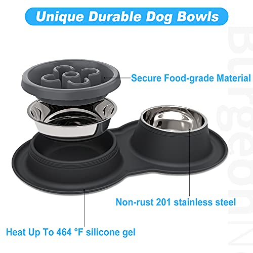 BurgeonNest Slow Feeder Dog Bowls,27oz 4-in-1 Food and Water Bowls with No-Spill and Non-Skid Silicone Mat, Stainless Steel Slow Down Eating Puzzle Bowl for Medium Small Sized Dogs