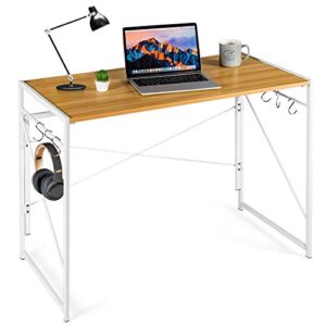tangkula folding computer desk, study writing desk with 6 hooks, modern simple pc laptop desk with sturdy metal construction, space saving writing table for home office (natural)