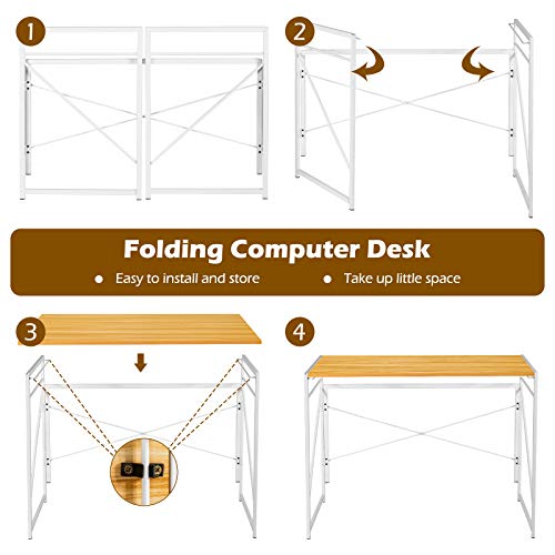 Tangkula Folding Computer Desk, Study Writing Desk with 6 Hooks, Modern Simple PC Laptop Desk with Sturdy Metal Construction, Space Saving Writing Table for Home Office (Natural)