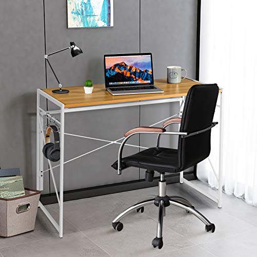 Tangkula Folding Computer Desk, Study Writing Desk with 6 Hooks, Modern Simple PC Laptop Desk with Sturdy Metal Construction, Space Saving Writing Table for Home Office (Natural)